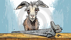 Charming Goat Head Illustration With Scissor Blade - Graphic Novel Style