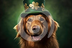 Charming Golden Retriever in Festive Hat Ready for St. Patrick's Day - Generative AI