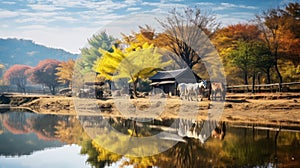 Charming Gongbi Style Photo: Horses By Water In Autumn photo