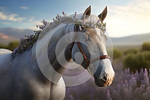 a charming gray horse with levender in its mane, standing on a lavender field.