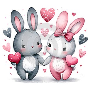 Charming Gray and Pink Bunnies Sharing a Heart, Watercolor Texture, Valentine\'s Theme with Love Motifs