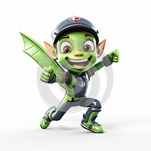 Charming Green Superhero Kid Cartoon Running In Vray Style