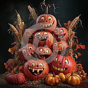 Group of Pumpkins with Happy Faces photo