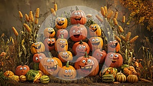 Group of Pumpkins with Happy Faces photo