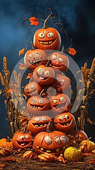 Group of Pumpkins with Happy Faces photo