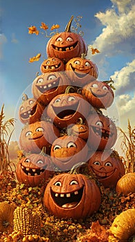 Group of Pumpkins with Happy Faces photo