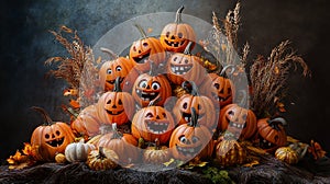 Group of Pumpkins with Happy Faces photo