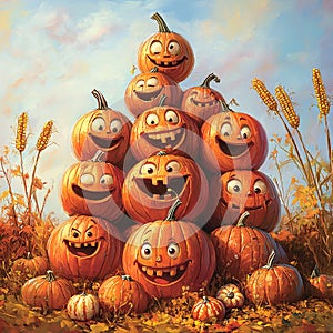 Group of Pumpkins with Happy Faces photo
