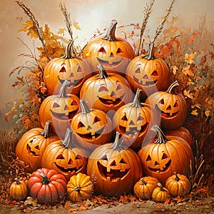 Group of Pumpkins with Happy Faces photo