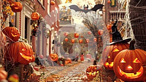 Charming Halloween Decorations Adorning a Picturesque Street