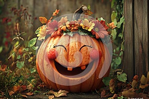 Happy Pumpkin with a Flower Crown photo