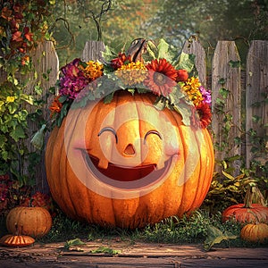 Happy Pumpkin with a Flower Crown photo