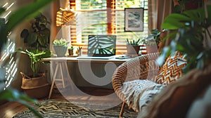 a charming home office featuring a rattan desk and indoor plants, ideal for creatives working remotely in a bohemian photo