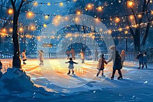 charming ice rink illuminated by twinkling lights, where children are learning to ice skate under the guidance of their