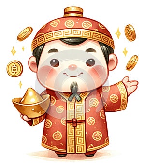 A charming illustration captures the joy of a young child dressed in a red festive outfit, waving and holding a gold ingot, amidst