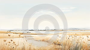 Charming Illustration Of Dandelion Field And Lake In Soft Tonal Colors