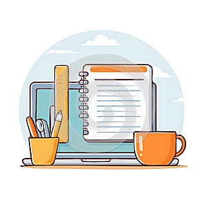 Creative Workspace Essentials: Laptop, Notebook, Pens, Ruler, and Coffee