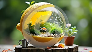 Lemon Shell Aquarium with Tiny Goldfish