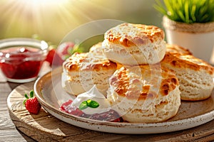 Charming image of golden brown scones with clotted cream served on a rustic plate photo