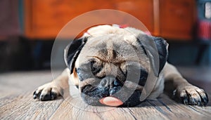 Sleepy Pug Dog with Gum in Eye Cute, Quirky, and Comical Canine Slumbering on Floor, Showcasing Playful Irreverence and Relaxed photo