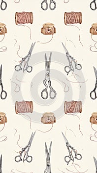 Seamless pattern with vintage sewing tools, scissors, and thread spools on a light background