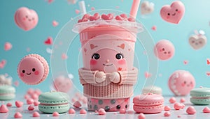 Kawaii Boba Tea Character ,Cute Bubble Tea Cartoon photo