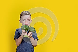 A charming little boy refusing to eat broccoli. Brootish broccoli