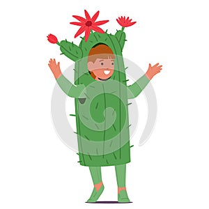 Charming Little Child Character Adorned In A Cactus Costume, Prickly Green Fabric Mimicking The Desert Plant Spines