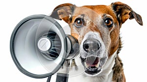 Charming little dog using a megaphone to make an announcement in a delightful manner