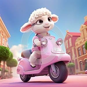 Charming Little Sheep On A Scooter - Vray Tracing Illustration