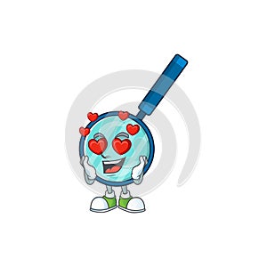 Charming magnifying glass cartoon character with a falling in love face