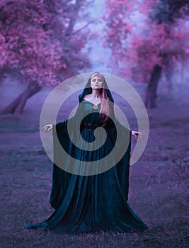 Charming maiden in a blue brakhatny cloak in a wide belt, with pink hair in the forest as a sacrifice for the devil. the