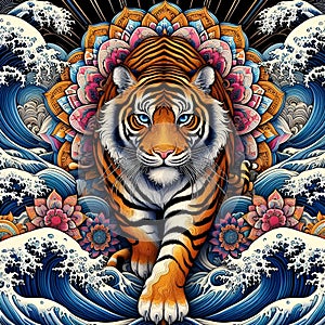 A charming mandala tiger with Hokusai waves, artistic, beautiful, bold painting art photo