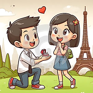 Charming Marriage Proposal at the Eiffel Tower Captured in Animated Illustration