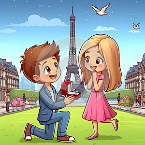 Charming Marriage Proposal at the Eiffel Tower Captured in Animated Illustration