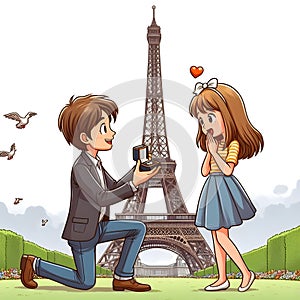 Charming Marriage Proposal at the Eiffel Tower Captured in Animated Illustration