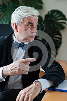 Charming mature gray-haired man at his desk.