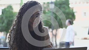 Charming Moroccan Executive Girl Works On Her Laptop Inside The Cafe. Closeup