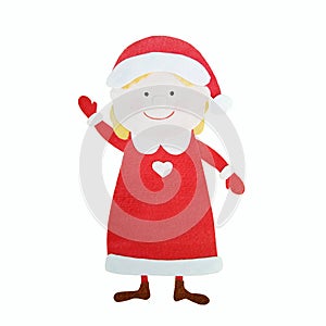 Charming Mrs. Santa Claus is hand-cut out of hand-painted watercolor paper in applique technique and collage.