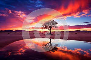 charming multi-colored sunset over a tree in the African desert. Reflection of the sunset in the lake surface