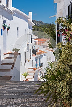 Charming narrow historic streets of white village Frigiliana.