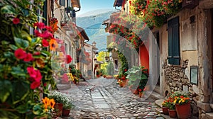 Charming narrow street with colorful flowers in pots and beautiful stone houses in a small Italian town