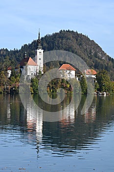 the charming natural scenery of Lake Bled with Alps at background and blue water