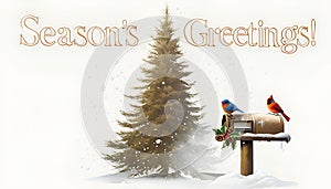 Vintage Snowy Mailbox with Birds and Holly New Year Greeting Card photo