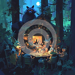 Charming Nighttime Forest Gathering: Animals and Friends Unite!