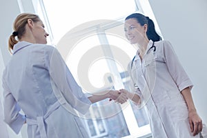 Charming nurses handshaking in the clinic