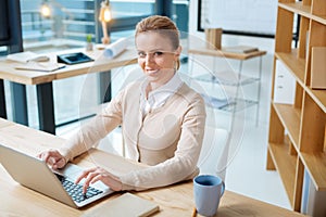 Charming office manager using a laptop