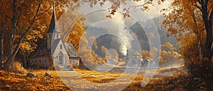 An old rural church in autumn surrounded by golden leaves. photo