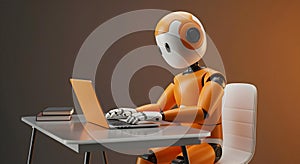 Cute Robot Learning and Studying on a Stack of Books with a Laptop