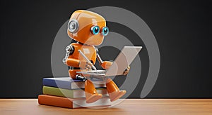 Cute Robot Learning and Studying on a Stack of Books with a Laptop